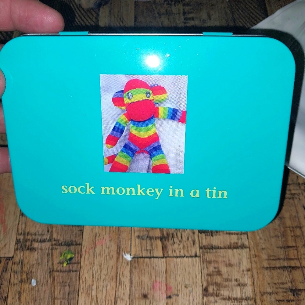 Apples And Pear Craft Teal Sock Monkey In Tin This Is New, Needs Assembly